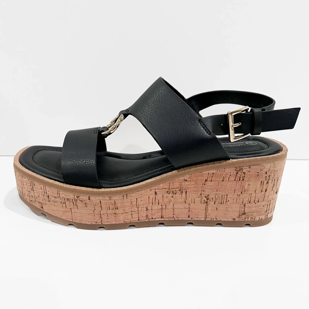 Giani Bernini Harperr Cork Platform Wedge Sandals Ankle Strap Black 6.5 NEW